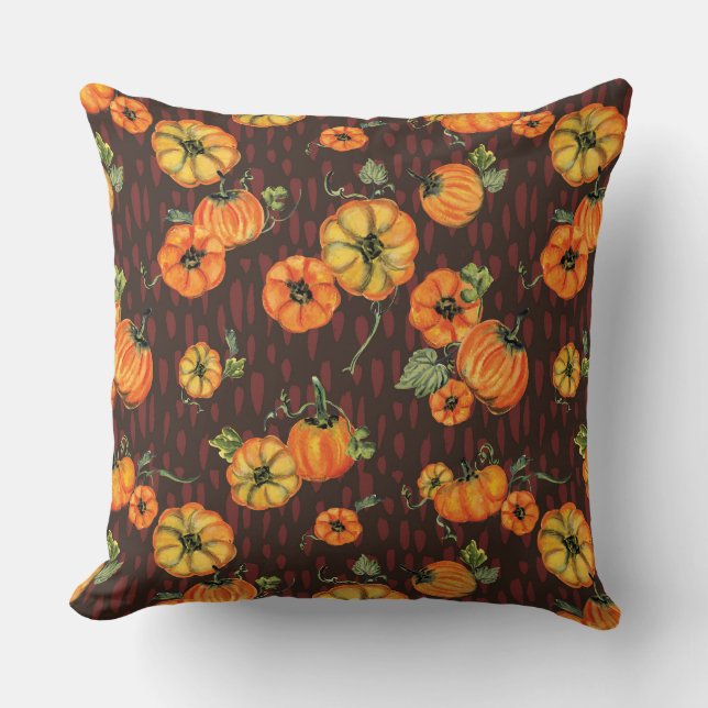 Painterly Waterverf Herfst Pompoenen Sinaasappel/Z Kussen (Voorkant)