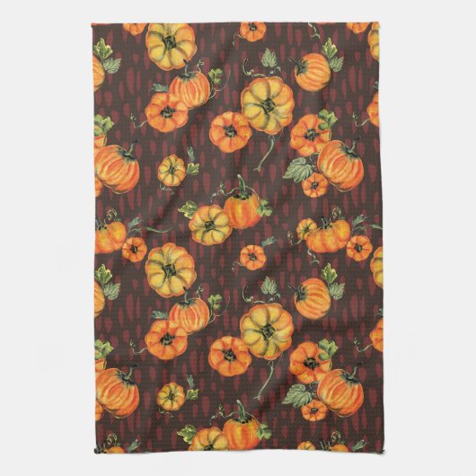 Painterly Waterverf Herfst Pompoenen Sinaasappel/Z Theedoek (Verticaal)