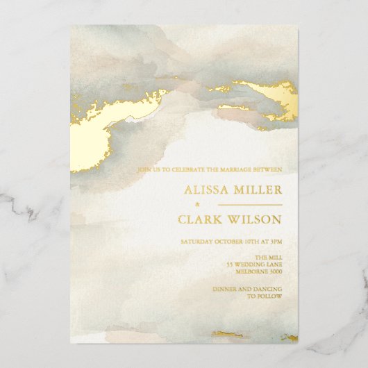 Painterly Waterverf Moody Wedding Gold Folie Uitnodiging (Voorkant)