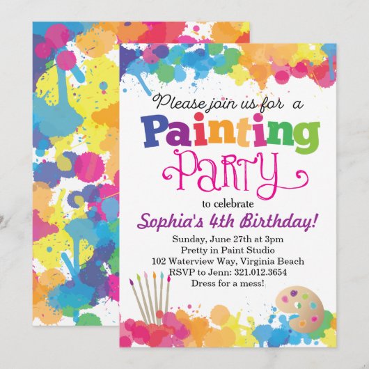 Painting Art Party Kleurrijke Spletters Uitnodigin Kaart (Voorkant / Achterkant)