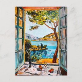 Painting breakfast on window view Mediterran sea Briefkaart