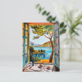 Painting breakfast on window view Mediterran sea Briefkaart (Staand voorkant)