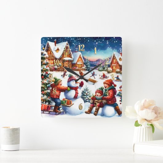 Painting of Children Winter Fun Snowmen Sledding Vierkante Klok (Huis)