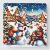 Painting of Children Winter Fun Snowmen Sledding Vierkante Klok (Voorkant)