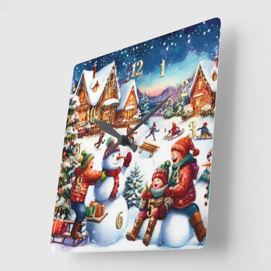 Painting of Children Winter Fun Snowmen Sledding Vierkante Klok (Hoek)