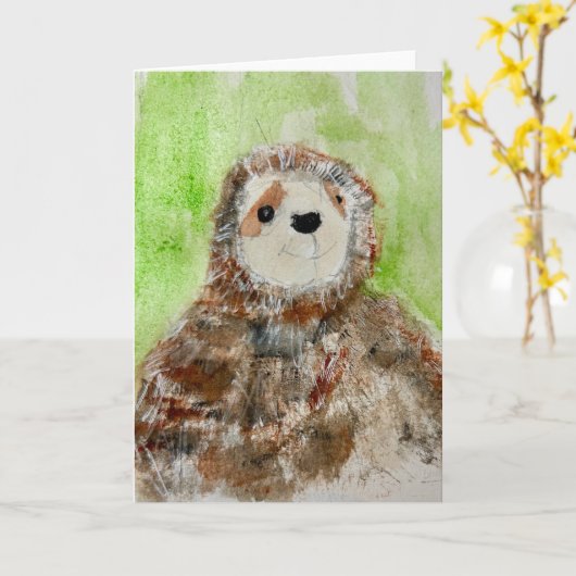 Painting of Plush Sloth on Folded Greeting Card Kaart (Gele Bloem)