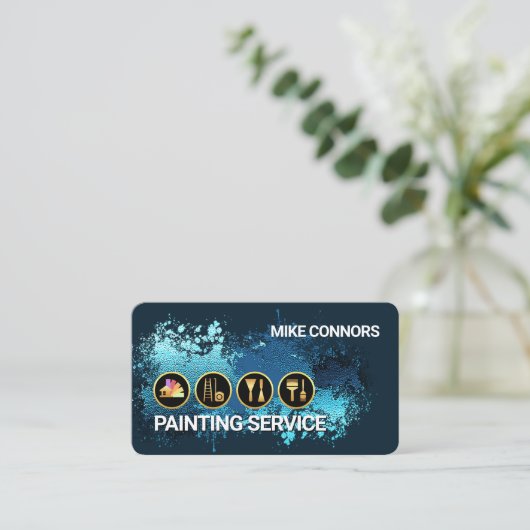 Painting Tools On Blue Paint Splatter Visitekaartje (Staand voorkant)