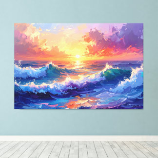 Painting waves at sunset sunrise 001 canvas afdruk