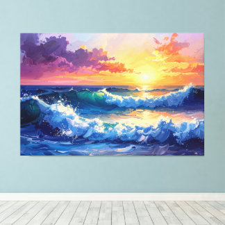Painting waves at sunset sunrise 002 canvas afdruk