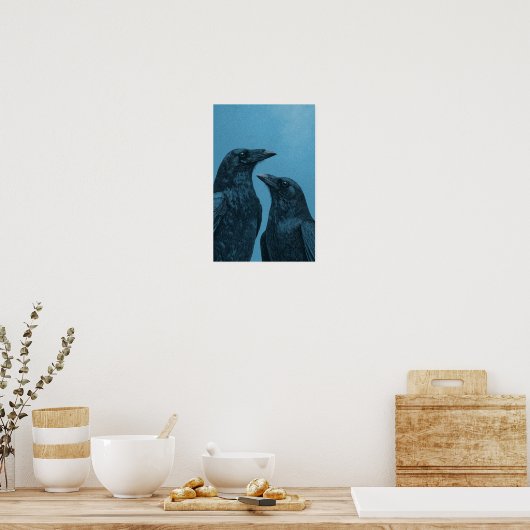 Pair of crows on a blue background poster (Keuken)