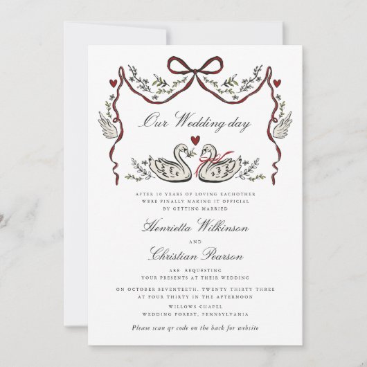 Paired for Life Swans Hand Drawn Wedding Website Kaart (Voorkant)