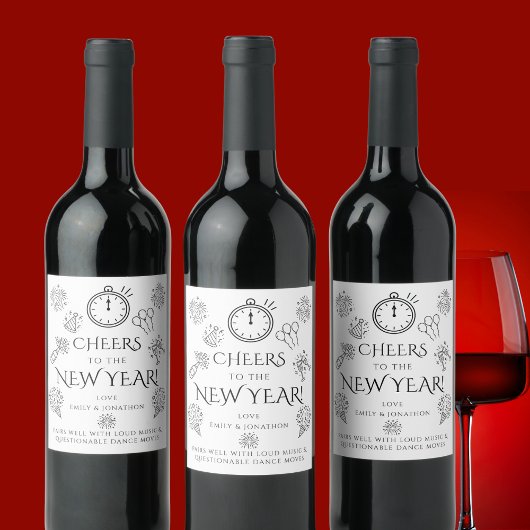 Pairs Well Doodles Black Cheers to New Year Party Wijn Etiket