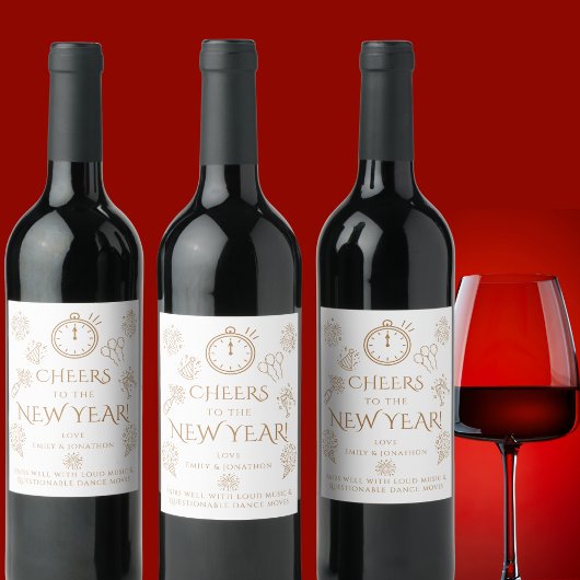 Pairs Well Doodles Gold Cheers to New Year Party Wijn Etiket