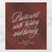 Pairs well with family funny plaid Thanksgiving Wijn Etiket (Enkel label)