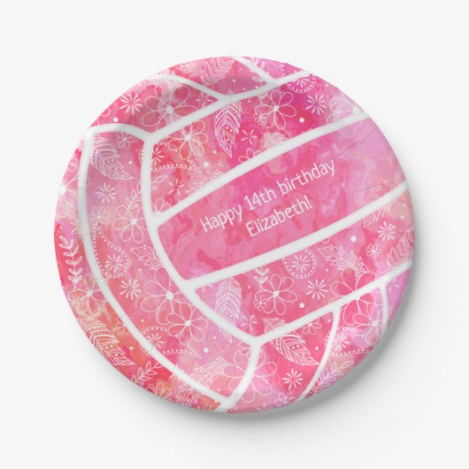 Pais bloemen veegt roze volleybalfeest papieren bordje (Voorkant)