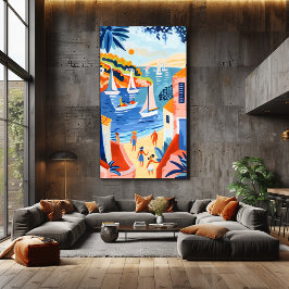 Paisaje Costero: Arte Favista con Veleros y Casas Canvas Afdruk