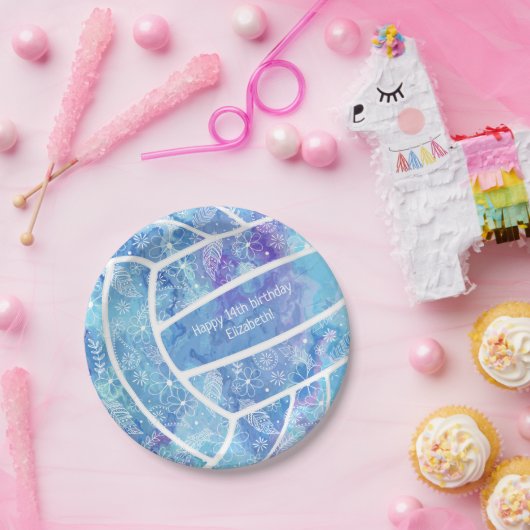 Paisleubloemen veren het patroon blauw volleybal papieren bordje (Feest)