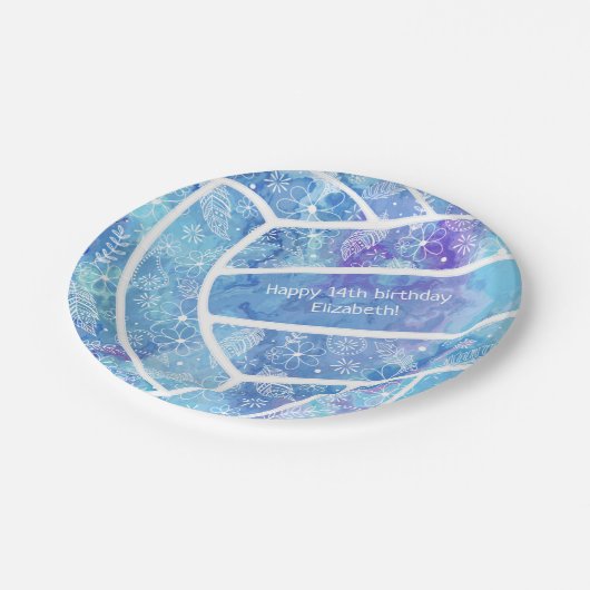 Paisleubloemen veren het patroon blauw volleybal papieren bordje (Gekanteld)