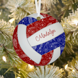 paisleuzen veren bloemenblauw rood volleybal metalen ornament