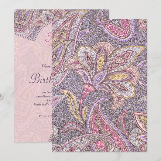 Paisley and flower - Birthday Invitation Kaart (Voorkant / Achterkant)