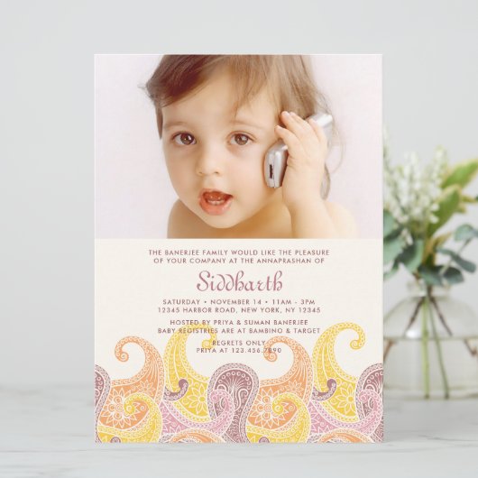 Paisley Annaprashan XL (Eerste Rijst) Uitnodiging (Staand voorkant)