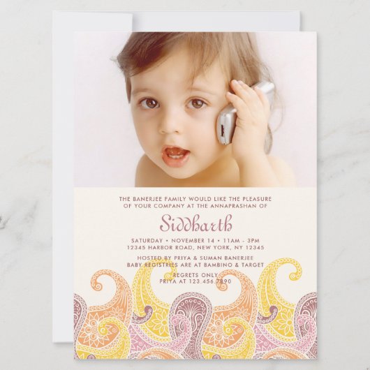 Paisley Annaprashan XL (Eerste Rijst) Uitnodiging (Voorkant)