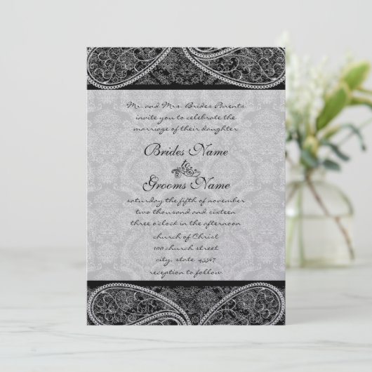  Paisley Black Damask Weddings Kaart (Staand voorkant)