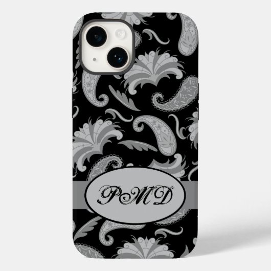 Paisley Black Gray Modern Monogram naam Case-Mate iPhone Case (Achterkant)