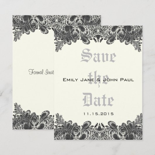 Paisley Black & Ivory Damask Wedding Save the Date (Voorkant / Achterkant)
