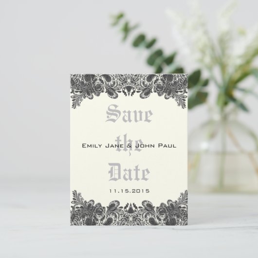 Paisley Black & Ivory Damask Wedding Save the Date (Staand voorkant)