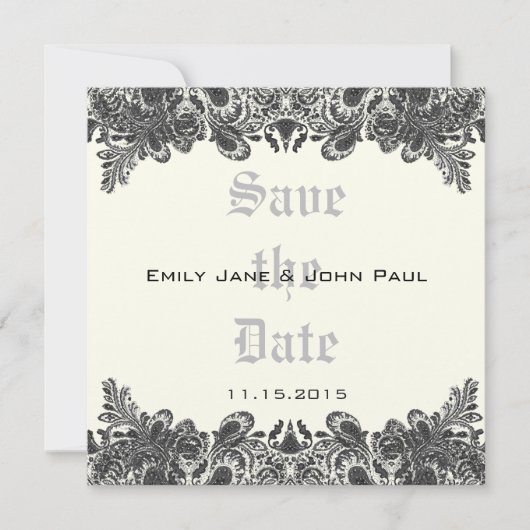 Paisley Black & Ivory Damask Wedding Save the Date (Voorkant)