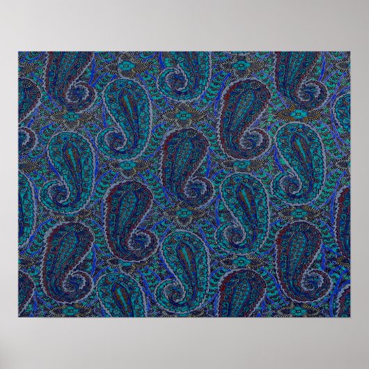 Paisley Blauw Indiase Boho Kunst Patroon Poster (Voorkant)