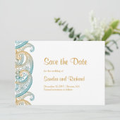 Paisley Blauwgroen & Goud Indische bruiloft Save The Date (Staand voorkant)