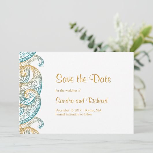 Paisley Blauwgroen & Goud Indische bruiloft Save The Date (Staand voorkant)