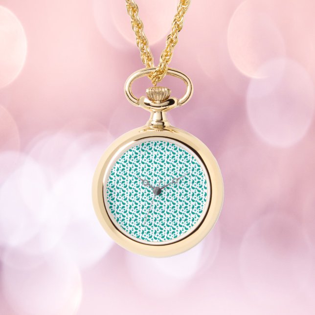 Paisley Bloem Boho Design Groen Blauw Horloge (A watch necklace featuring a paisley boho floral pattern in teal blue and green.)