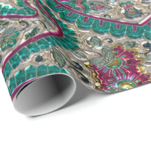 Paisley bloemmotief blauwgroen zilveren roze bohem
