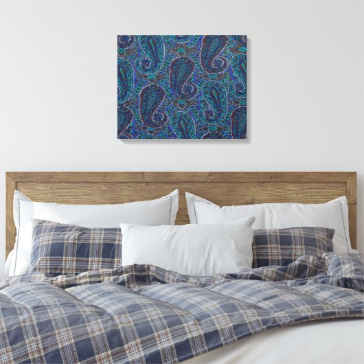 Paisley Blue Indian Boho Art Pattern Canvas Afdruk (Insitu (Slaapkamer))