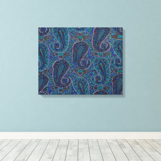 Paisley Blue Indian Boho Art Pattern Canvas Afdruk (Insitu (Houten vloer))
