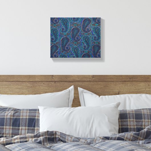 Paisley Blue Indian Boho Art Pattern Canvas Afdruk (Insitu (Slaapkamer))