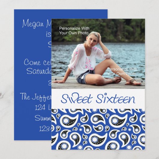 Paisley Blueberry Sweet Sixteen Uitnodiging (Voorkant / Achterkant)