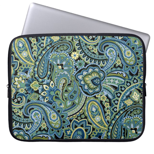 Paisley bosgroen laptop sleeve (Voorkant)