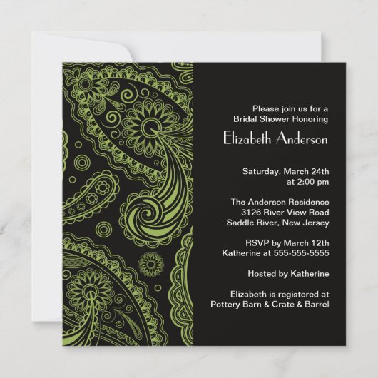 Paisley Bridal Shower Invitation Black & Green Kaart (Voorkant)
