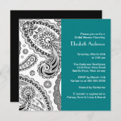 Paisley Bridal Shower Invitation Black & Turquoise Kaart (Voorkant / Achterkant)