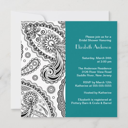 Paisley Bridal Shower Invitation Black & Turquoise Kaart (Voorkant)