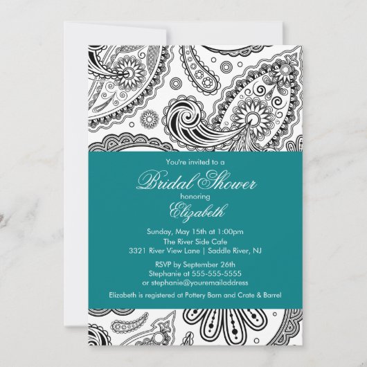 Paisley Bridal Shower Invitation Blauwgroen Black Kaart (Voorkant)