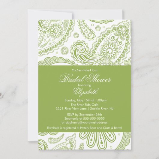 Paisley Bridal Shower Invitation Chartreuse Green Kaart (Voorkant)