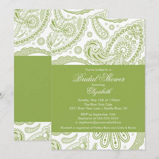 Paisley Bridal Shower Invitation Chartreuse Green Kaart (Voorkant / Achterkant)