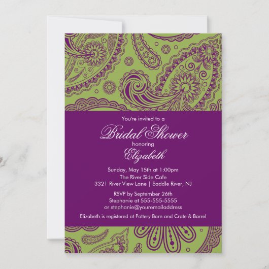 Paisley Bridal Shower Invitation Chartreuse Paars Kaart (Voorkant)