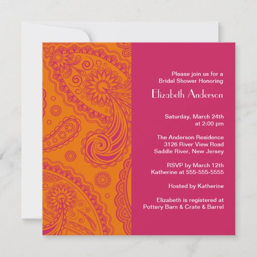 Paisley Bridal Shower Invitation Oranje & Roze Kaart (Voorkant)