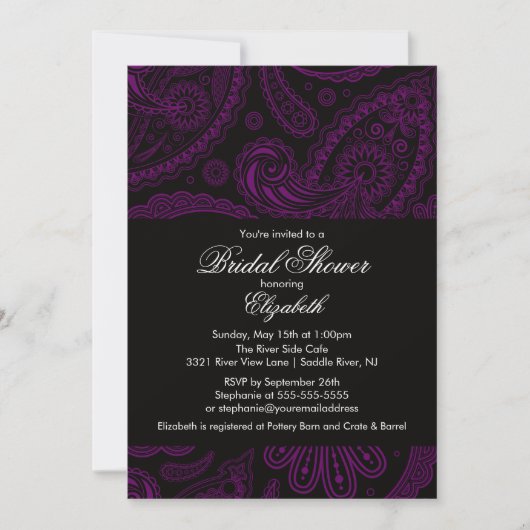 Paisley Bridal Shower Invitation Paars & Black Kaart (Voorkant)